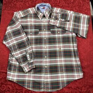 Vintage 90s Tommy Hilfiger‎ Shirt Mens XL Green Plaid Button Down Crest Logo